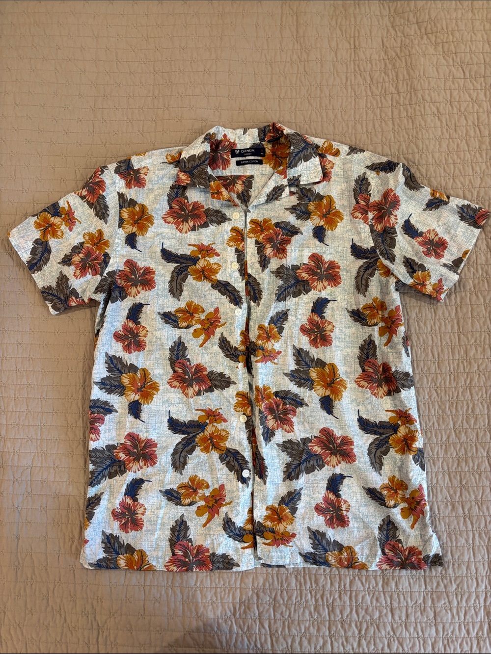 Casual Floral Button-Up Shirt - Cream with Orange & Brown Flowers
